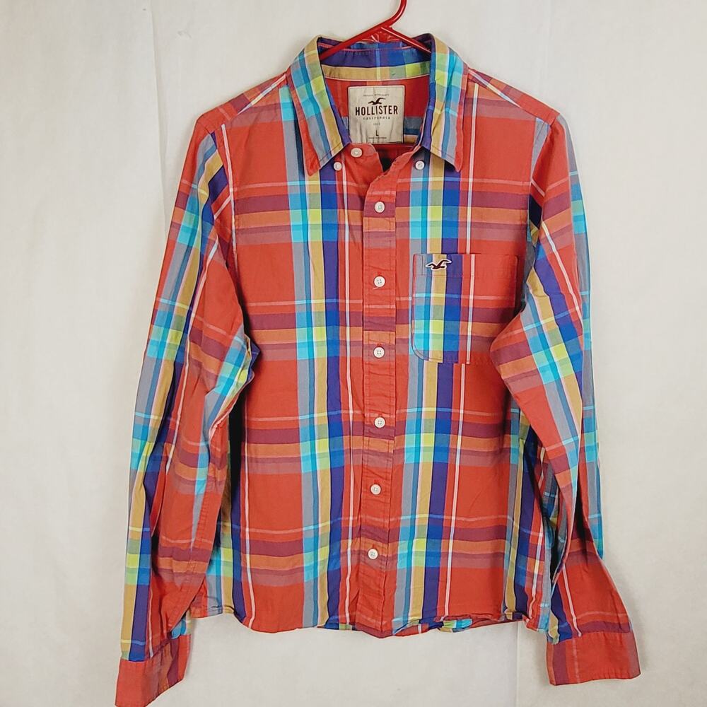 Hollister red madras plaid button up shirt Large long sleeve Preppy Dopamine